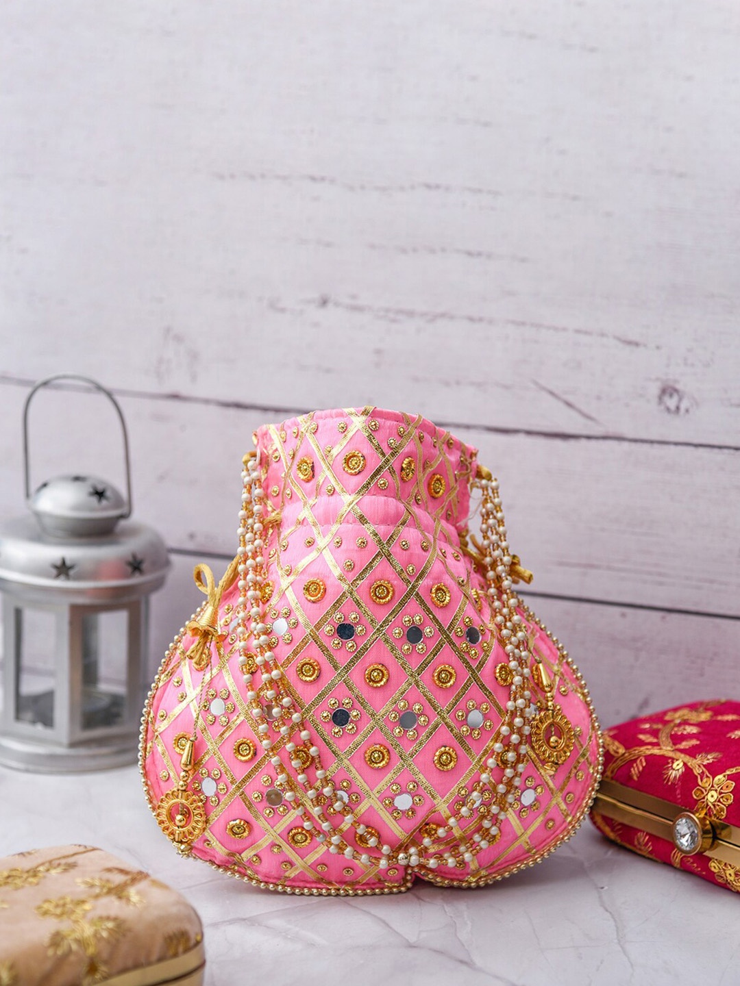 

Kuber Industries Embellished Embroidered Potli Clutch, Pink
