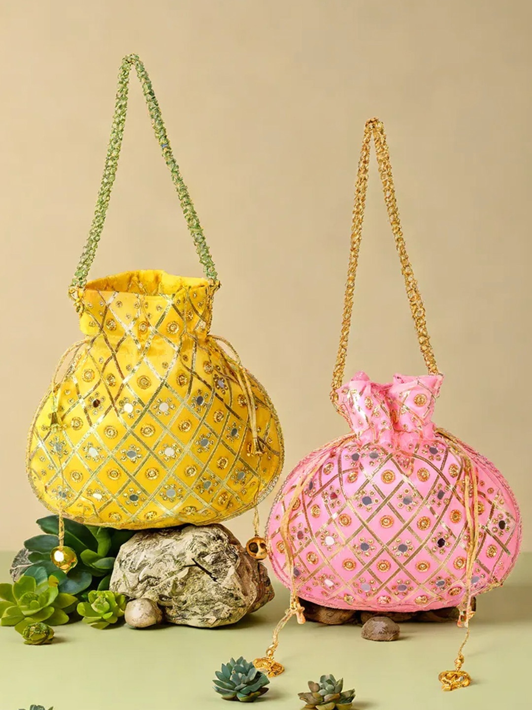 

Kuber Industries Set Of 2 Embellished Silk Potli Clutches, Yellow