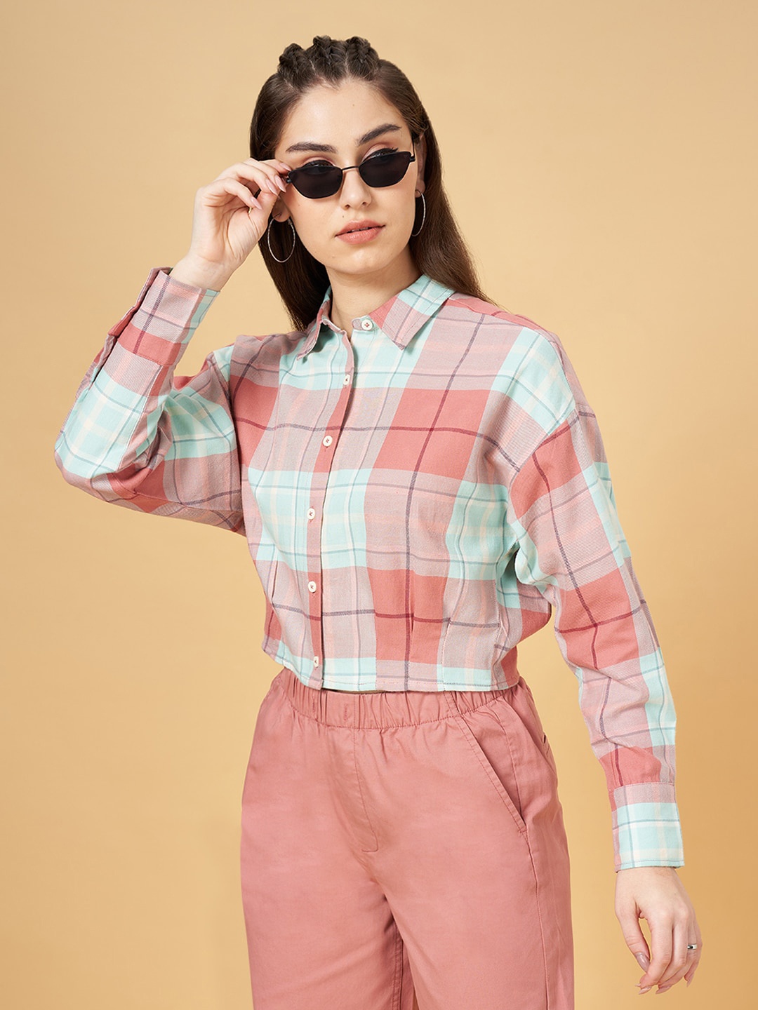 

SF JEANS by Pantaloons Tartan Checked Cotton Crop Casual Shirt, Green