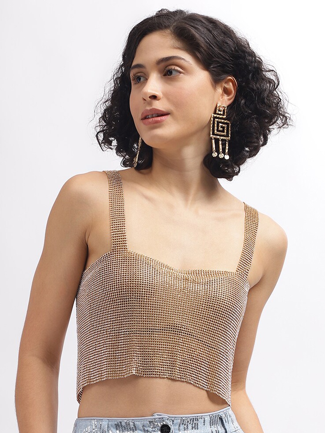 

CENTRESTAGE Square Neck Sleeveless Tube Crop Top, Gold