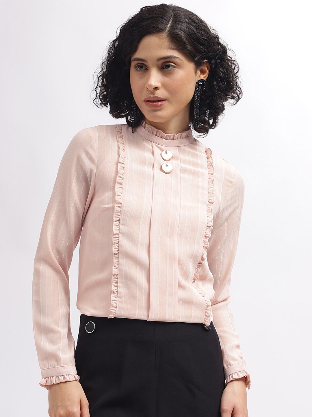 

CENTRESTAGE Striped Mandarin Collar Ruffle Neck Full Sleeves Top, Peach