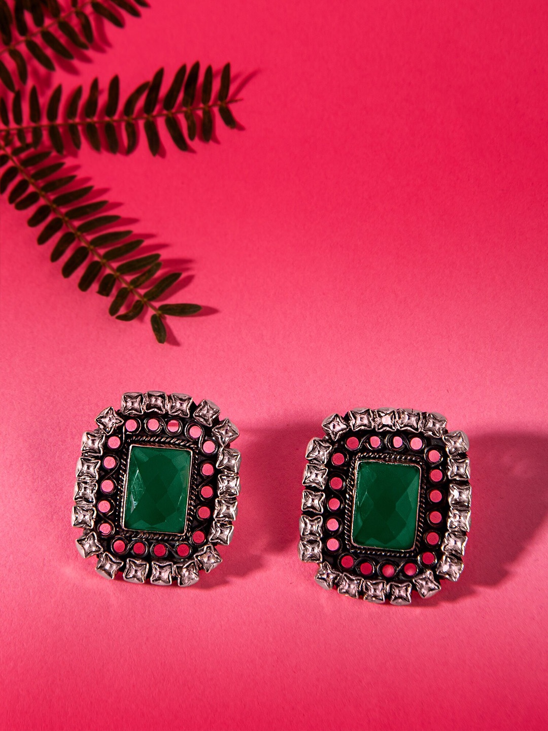 

Neeta Boochra 925 Sterling Silver Silver-Plated Onyx Studded Contemporary Studs Earrings, Green