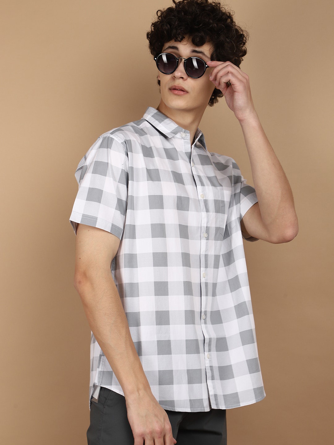 

V-Mart Gingham Checked Cotton Casual Shirt, Grey