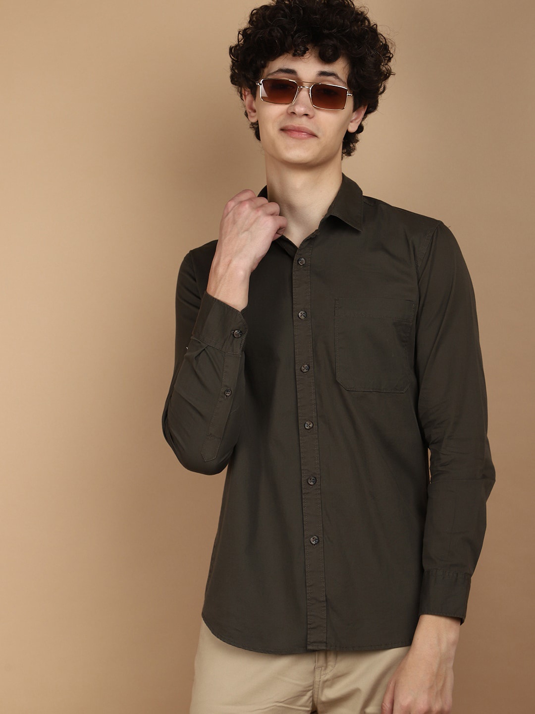 

V-Mart Twill Weave Cotton Casual Shirt, Brown