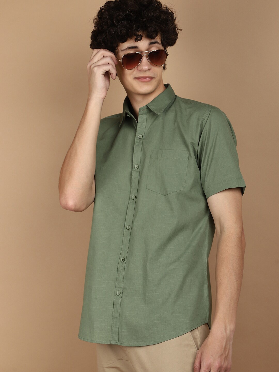 

V-Mart Short Sleeves Cotton Casual Shirt, Green