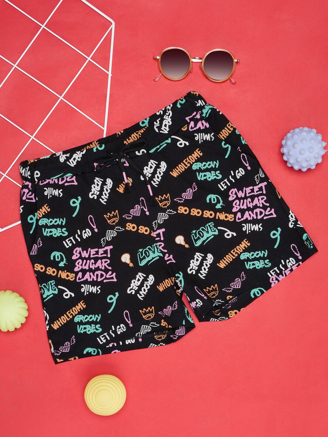 

Pantaloons Junior Girls Typography Printed Cotton Shorts, Black