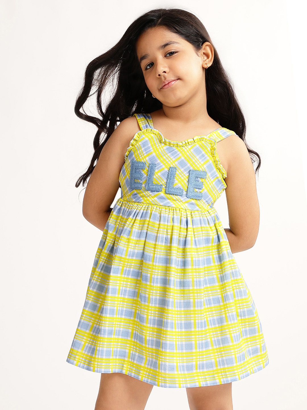 

ELLE Girls Checked Cotton Round Neck Flared Fit & Flare Dress, Yellow