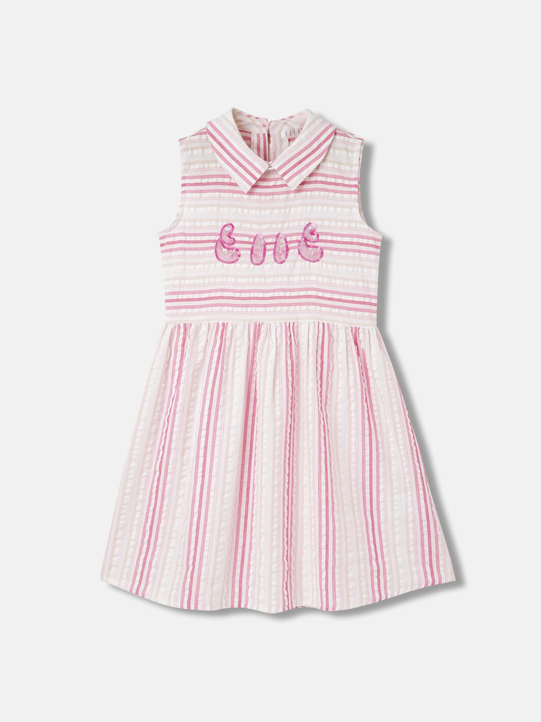 

ELLE Girls Striped Shirt Collar Cotton Flared Peplum Dress, White