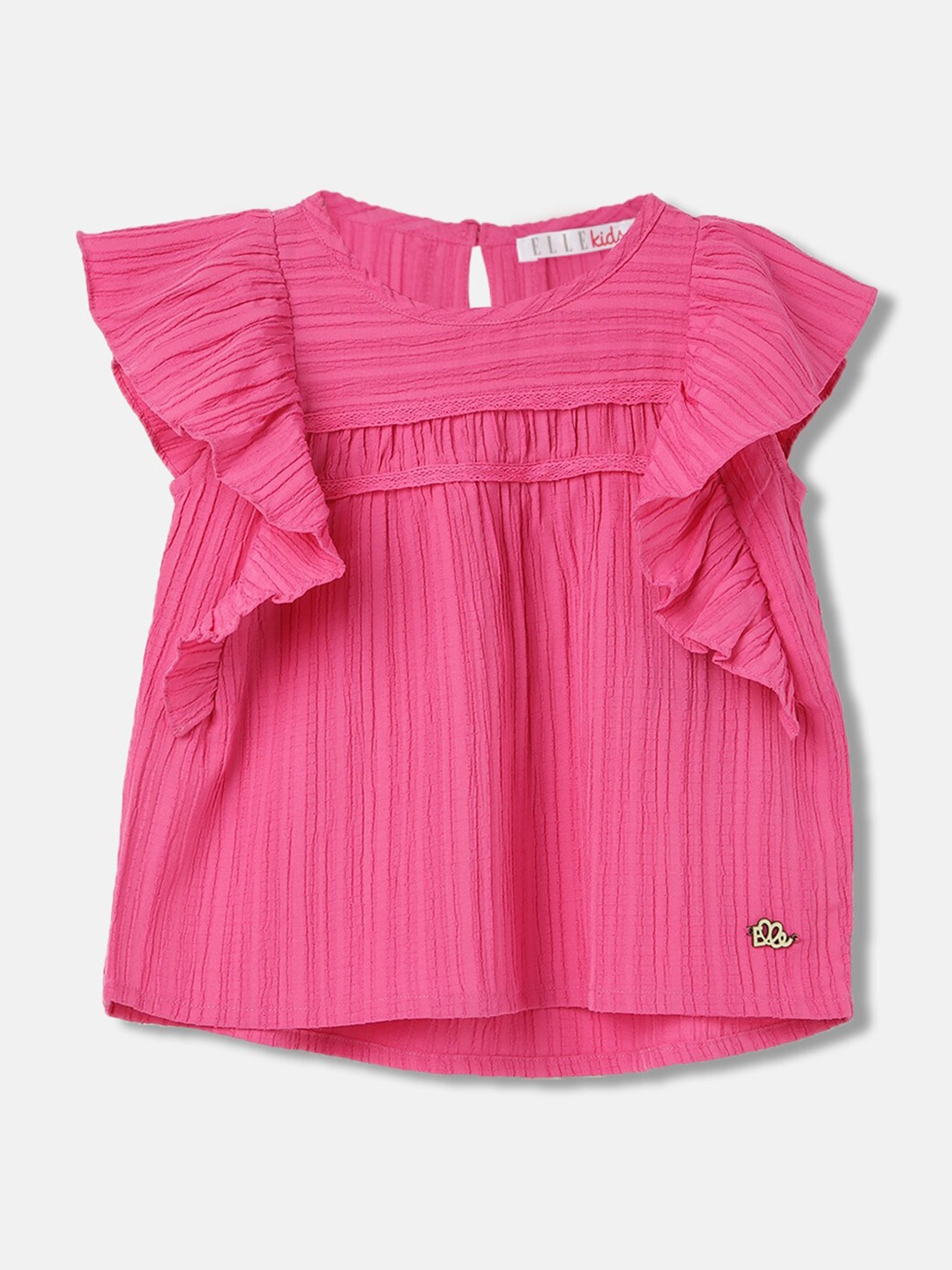 

ELLE Girls Round Neck Striped Flutter Sleeve Cotton Top, Pink