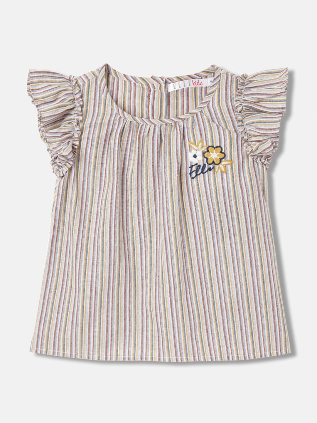 

ELLE Girls Striped Flutter Sleeve Round Neck Cotton Top, Beige