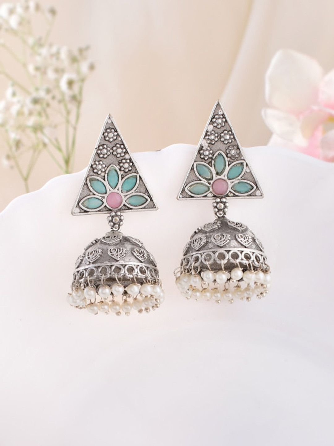 

DASTOOR Brass Silver-Plated Oxidised Classic Jhumkas