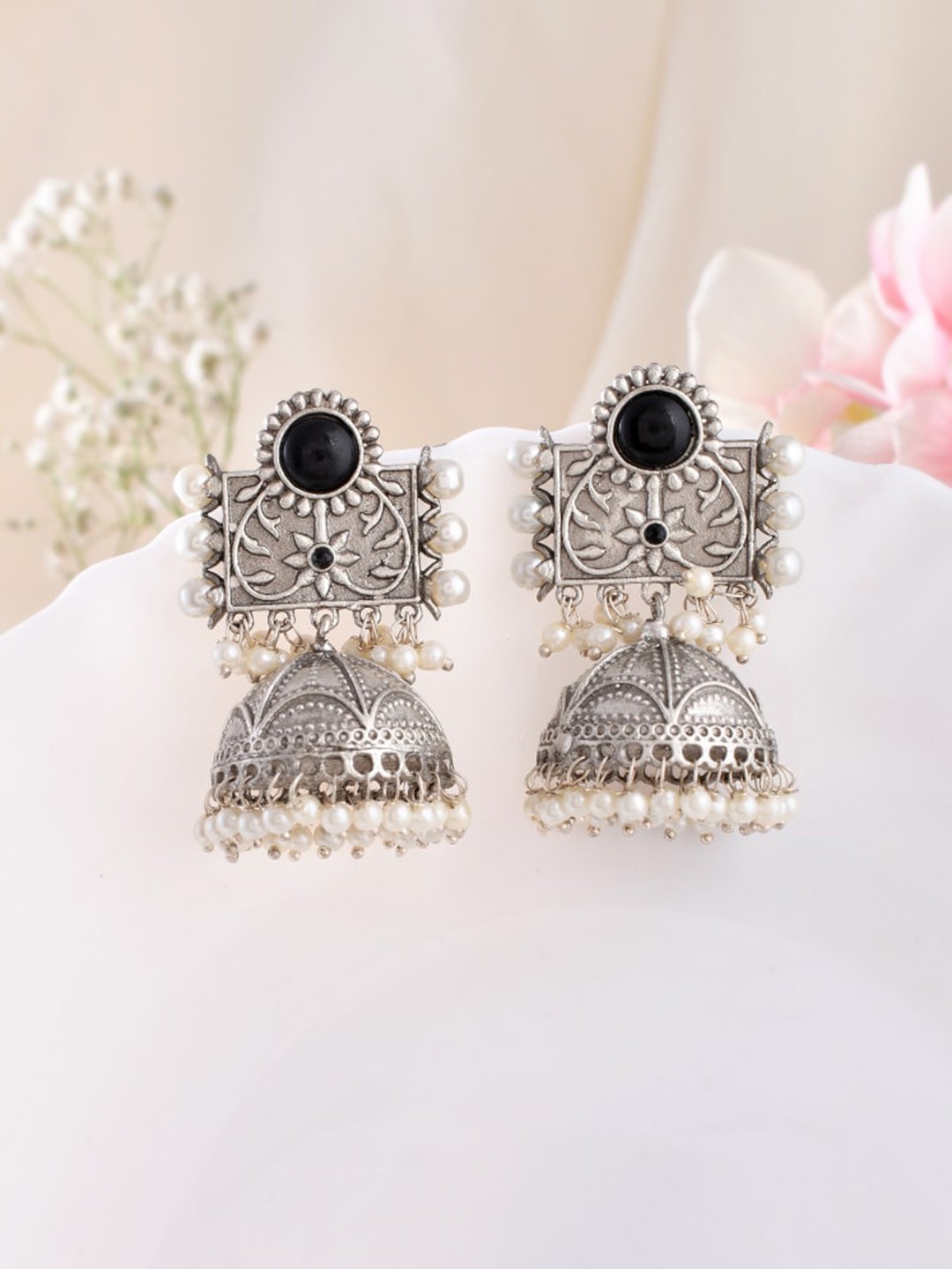 

DASTOOR Silver-Plated Stone-Studded & Beaded Dome Shaped Jhumkas