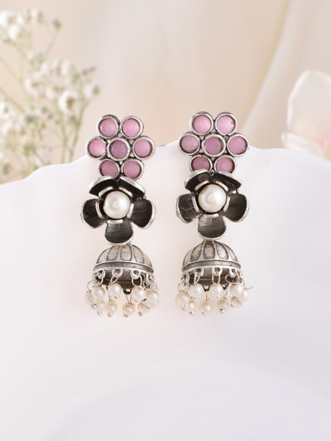 

DASTOOR Silver-Plated Stone-Studded & Beaded Dome Shaped Jhumkas
