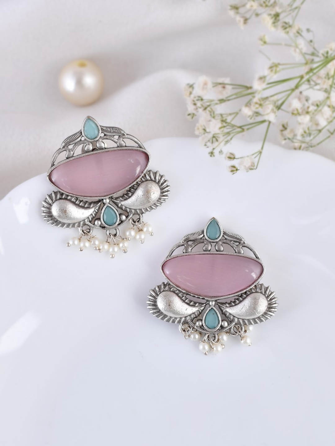 

DASTOOR Silver-Plated Stone Studded Beaded Oxidised Classic Drop Earrings