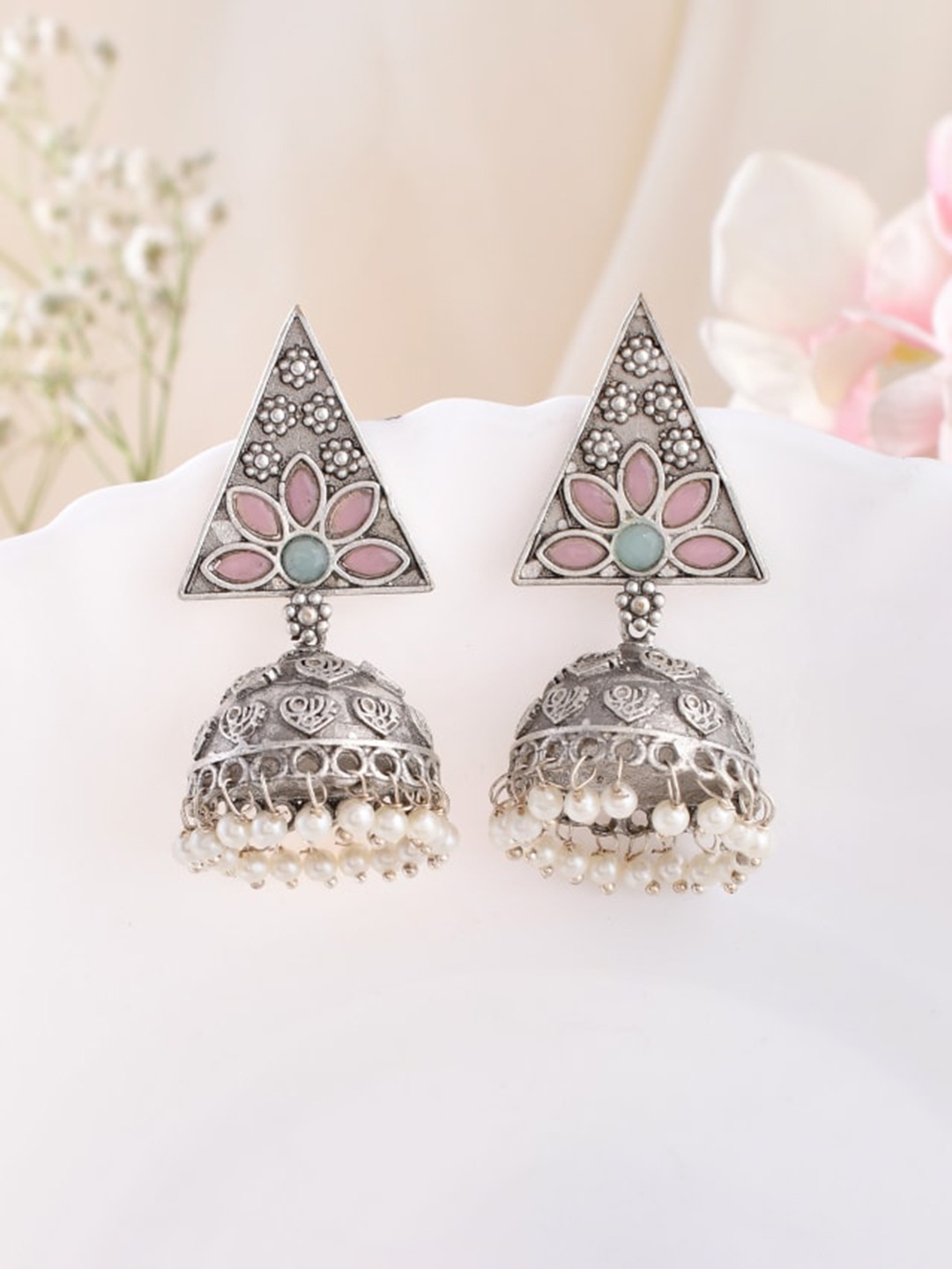 

DASTOOR Silver-Plated Triangular Jhumkas Earrings