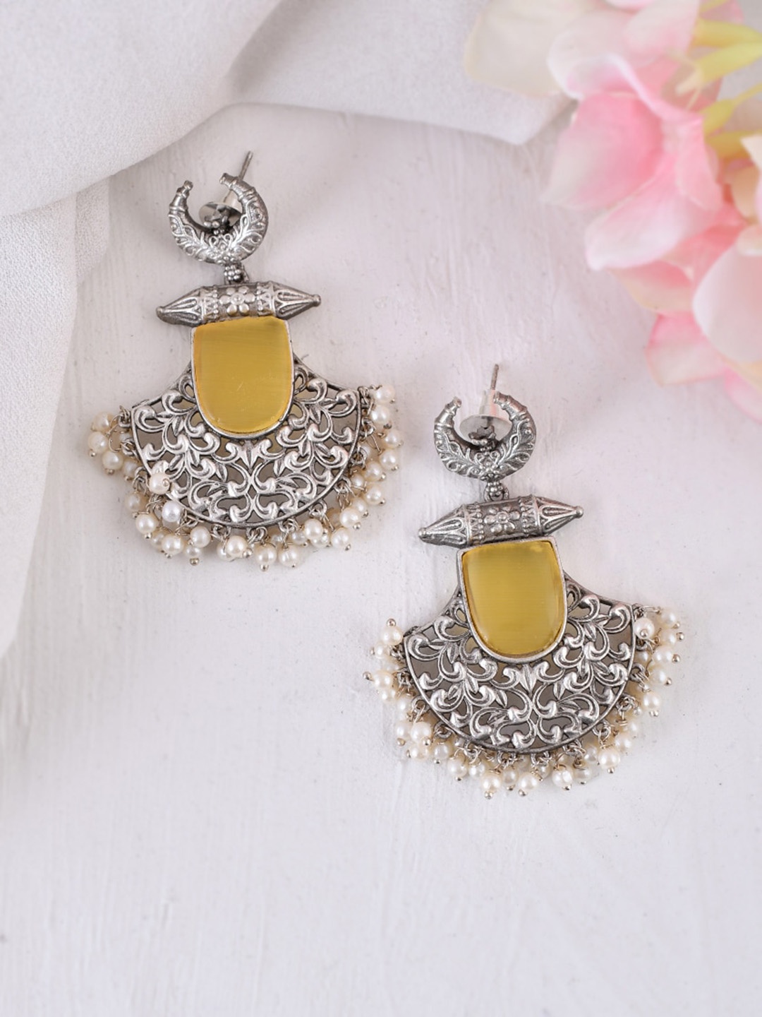 

DASTOOR Silver-Plated Stone-Studded & Beaded Contemporary Drop Earrings