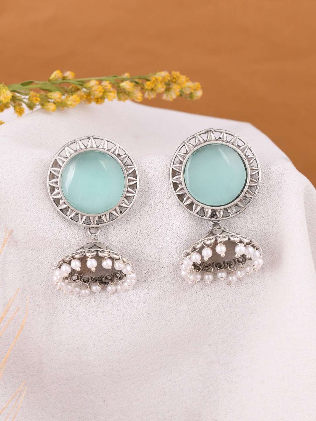 

DASTOOR Silver-Plated Stone-Studded & Beaded Dome Shaped Jhumkas