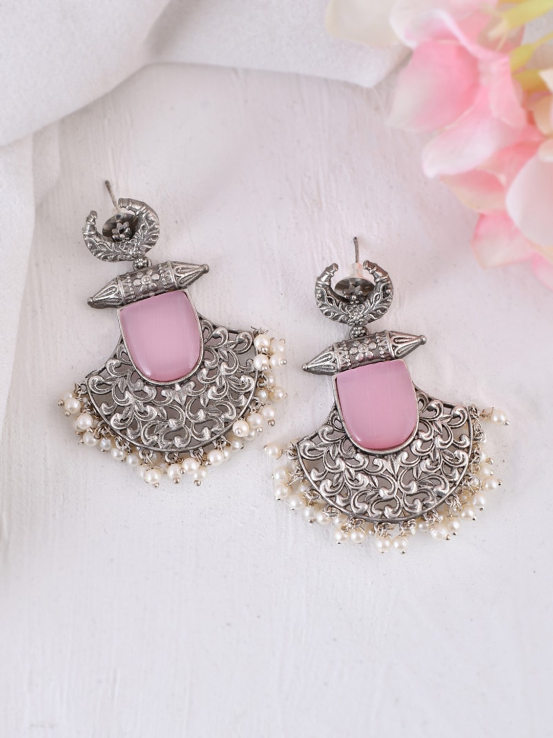 

DASTOOR Silver-Plated Stone Studded Beaded Oxidised Geometric Drop Earrings
