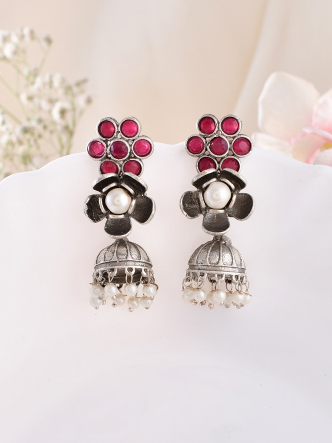 

DASTOOR Silver-Plated Stone Studded & Beaded Oxidised Floral Jhumkas