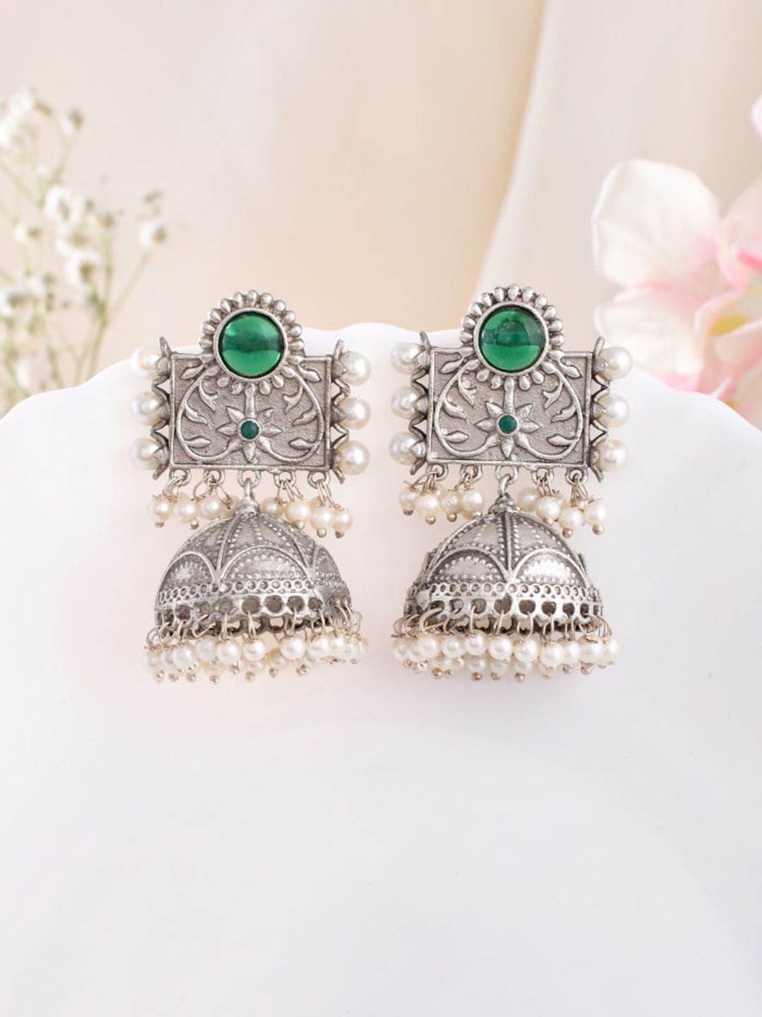 

DASTOOR Silver-Plated Beaded & Stone Studded Oxidised Jhumkas