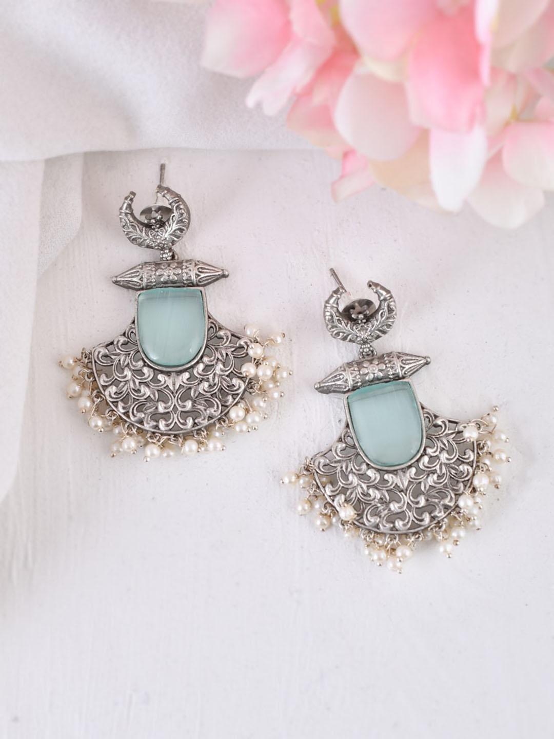 

DASTOOR Silver-Plated Beaded & Stone Studded Oxidised Classic Drop Earrings