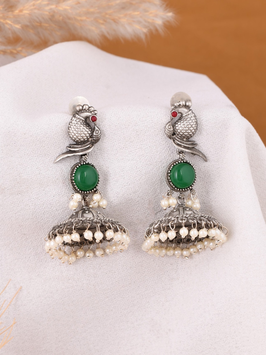 

DASTOOR Silver-Plated Beaded & Stone Studded Oxidised Jhumkas