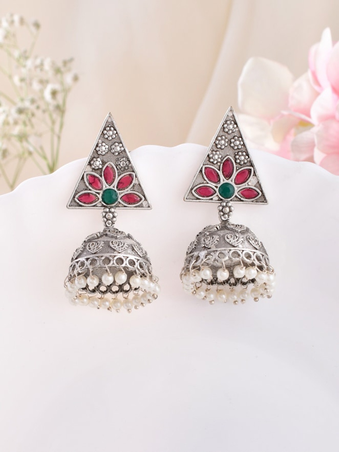 

DASTOOR Silver-Plated Stone-Studded & Beaded Dome Shaped Jhumkas