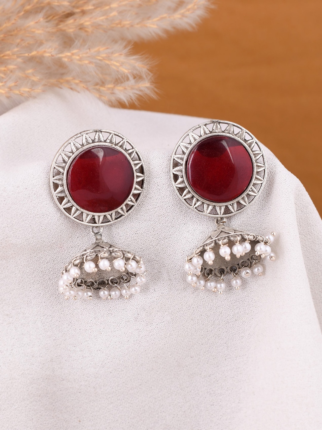 

DASTOOR Silver-Plated Contemporary Jhumkas Earrings