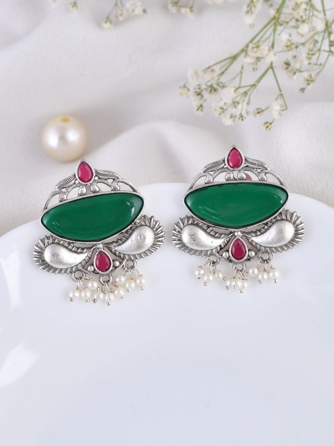 

DASTOOR Silver-Plated Beaded & Stone Studded Oxidised Classic Drop Earrings