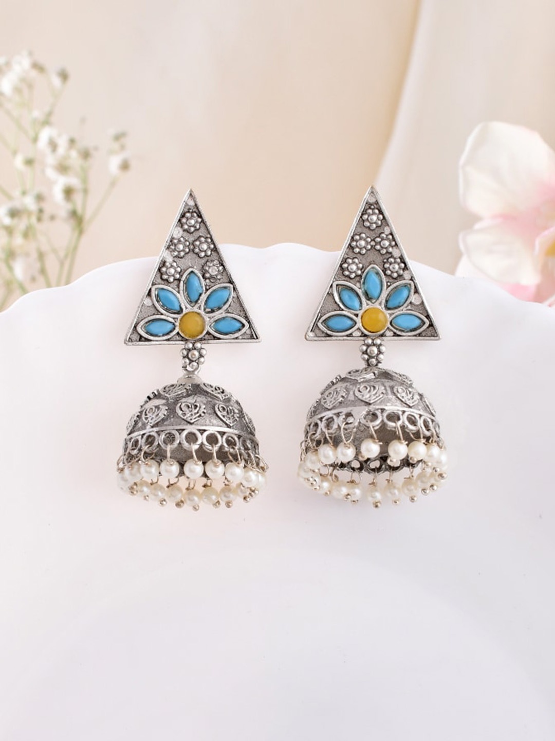 

DASTOOR Silver-Plated Triangular Jhumkas Earrings