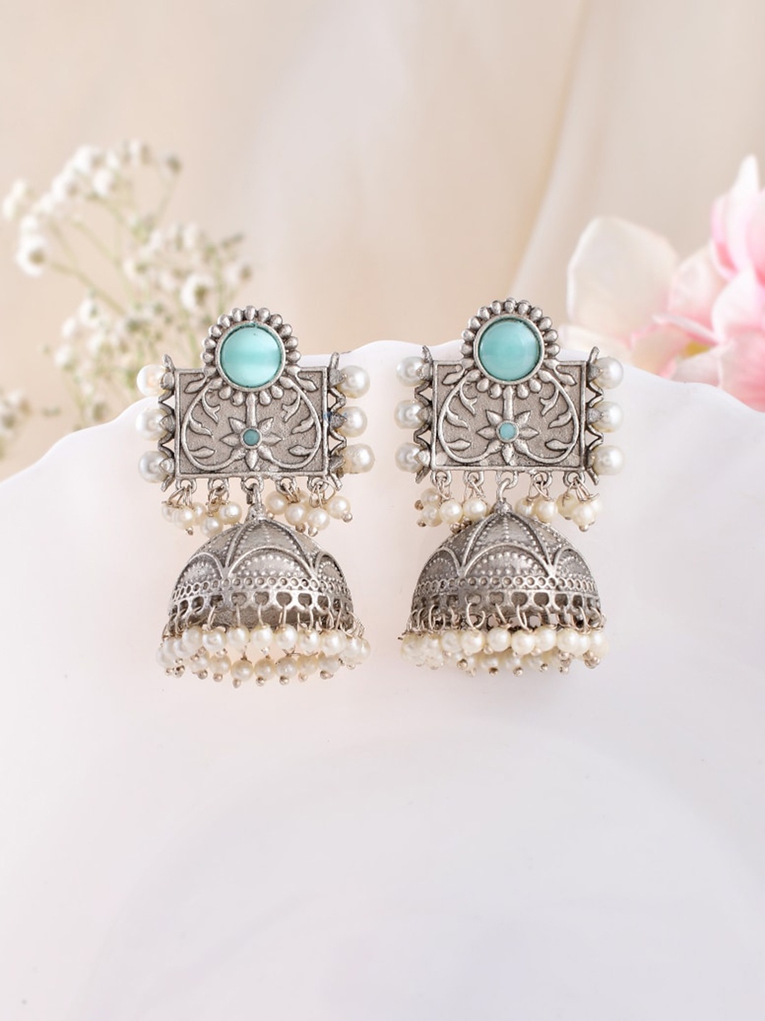 

DASTOOR Silver-Plated Stone-Studded & Beaded Dome Shaped Jhumkas