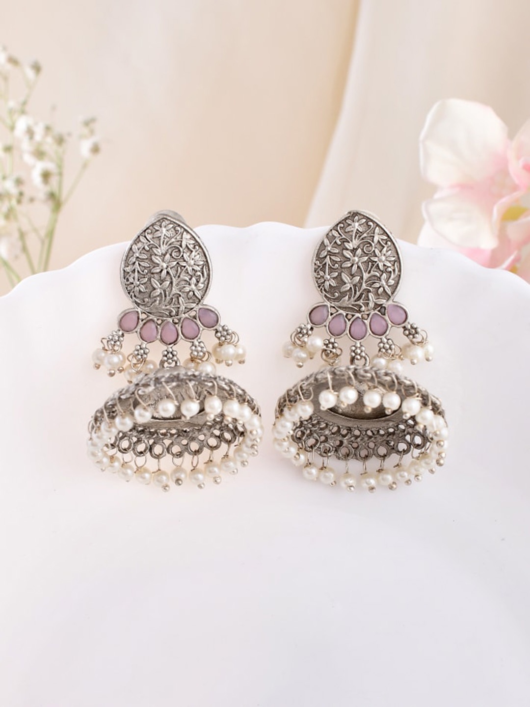 

DASTOOR Silver-Plated Beaded & Stone Studded Classic Jhumkas