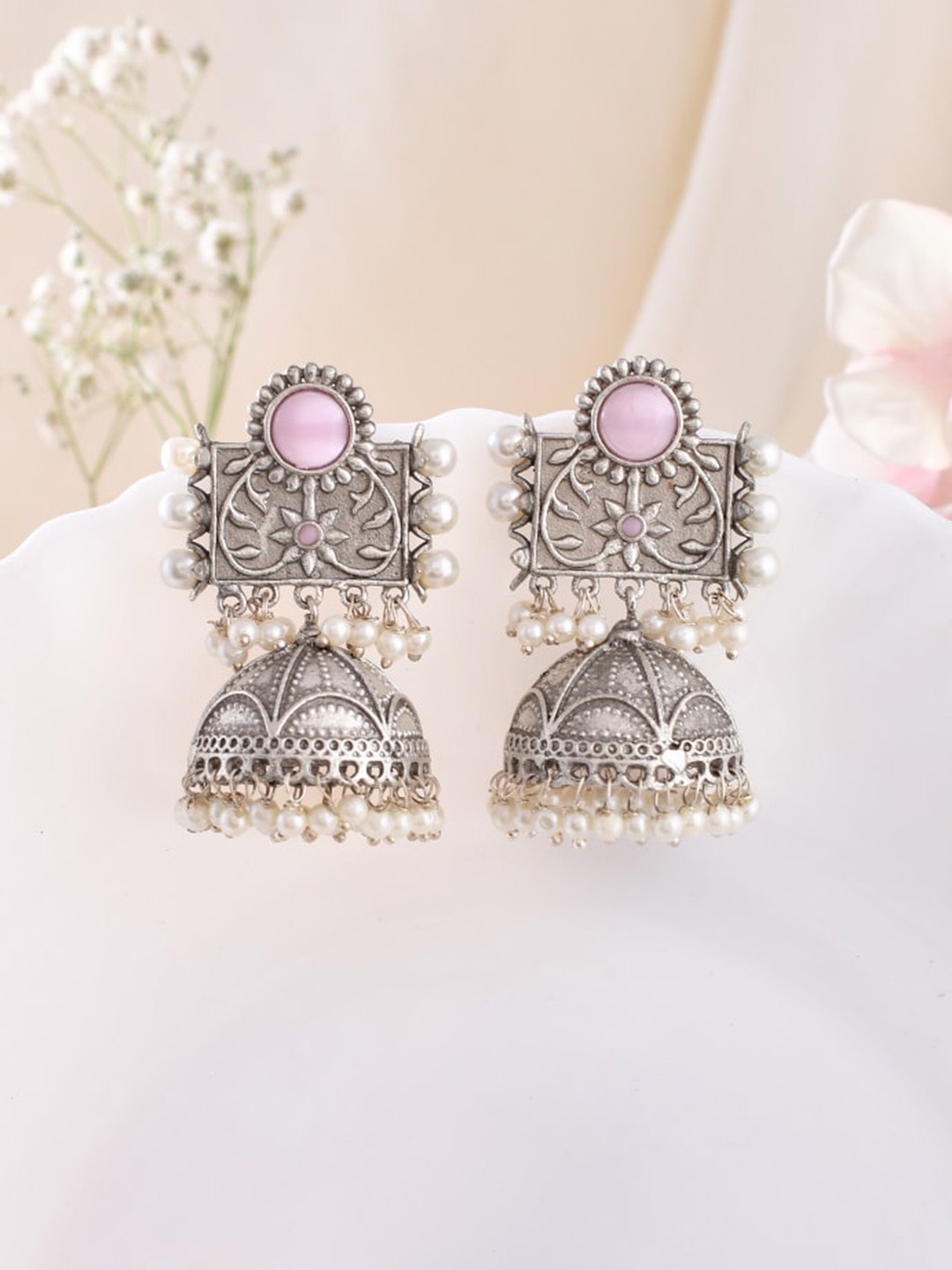 

DASTOOR Silver-Plated Contemporary Oxidised Jhumkas