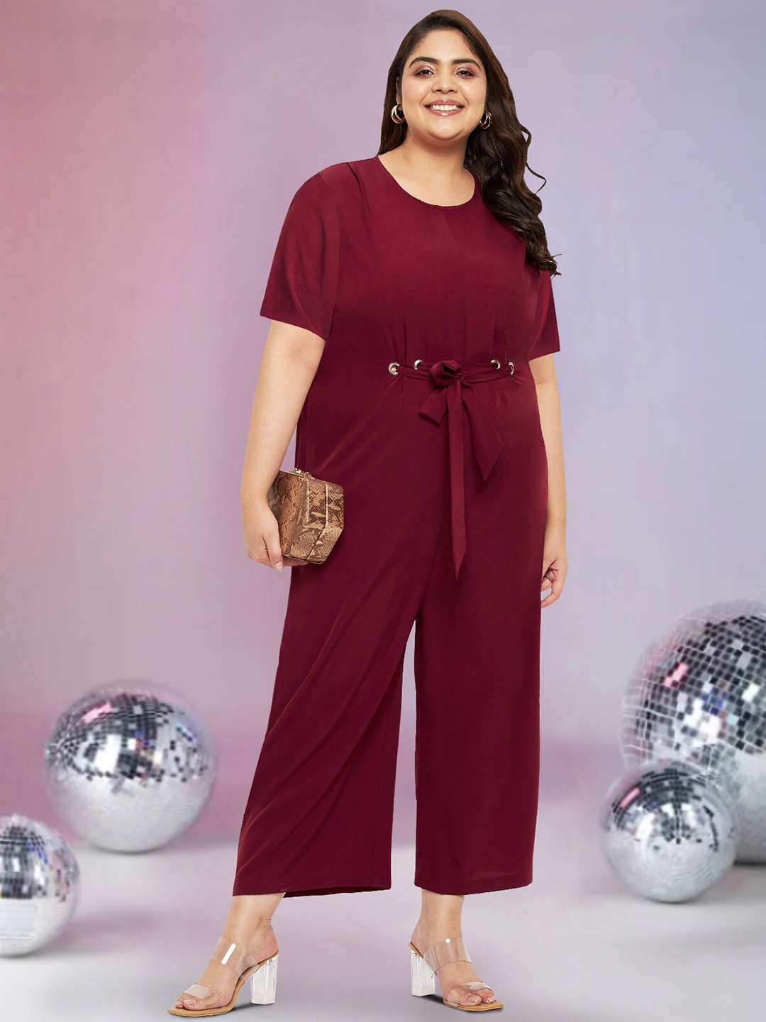 wild U Plus Size Basic Jumpsuit, Maroon