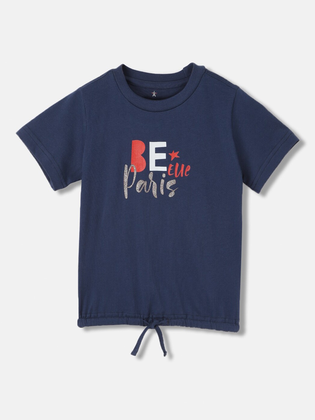 

ELLE Girls Typography Printed Cotton Round Neck Applique Boxy T-shirt, Navy blue