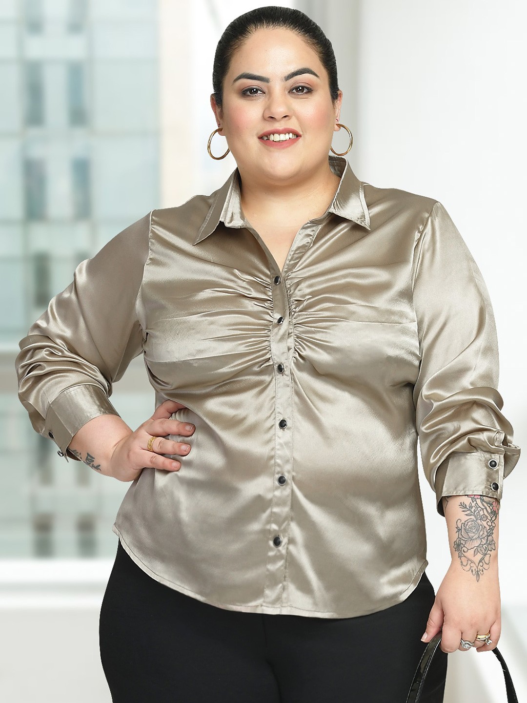 

wild U Plus Size Relaxed Fit Satin Ruched Shirt, Brown