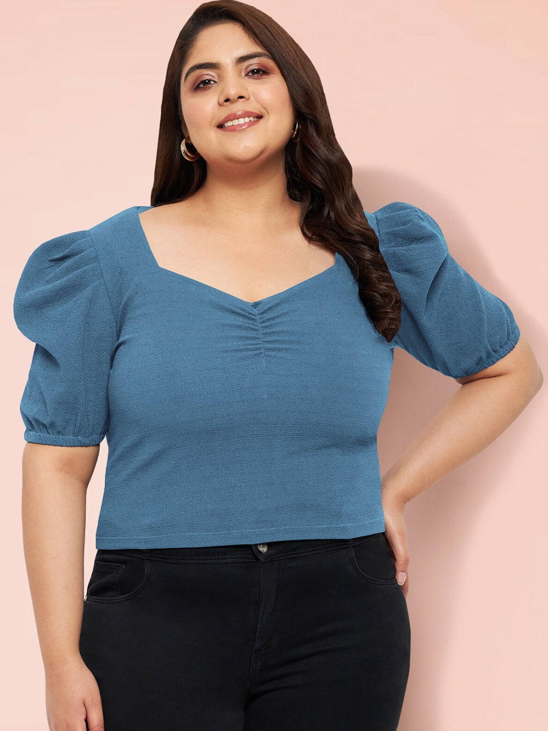 

wild U Plus Size Sweetheart Neck Puffed Sleeves Top, Blue