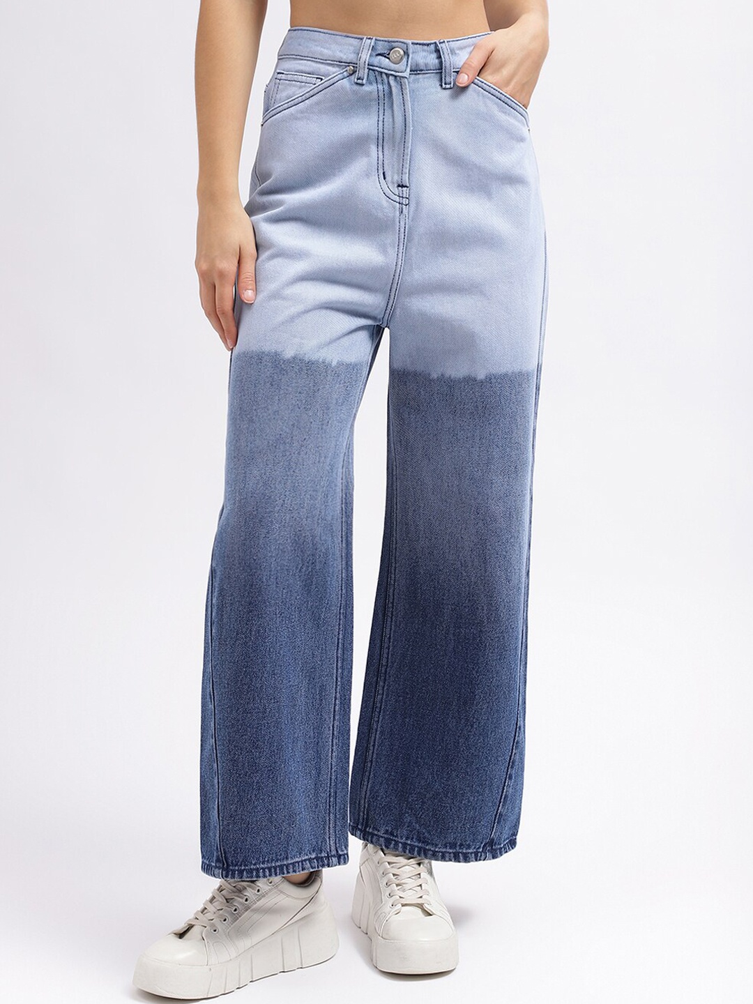 

ELLE Women Flared Heavy Fade Pure Cotton Jeans, Blue