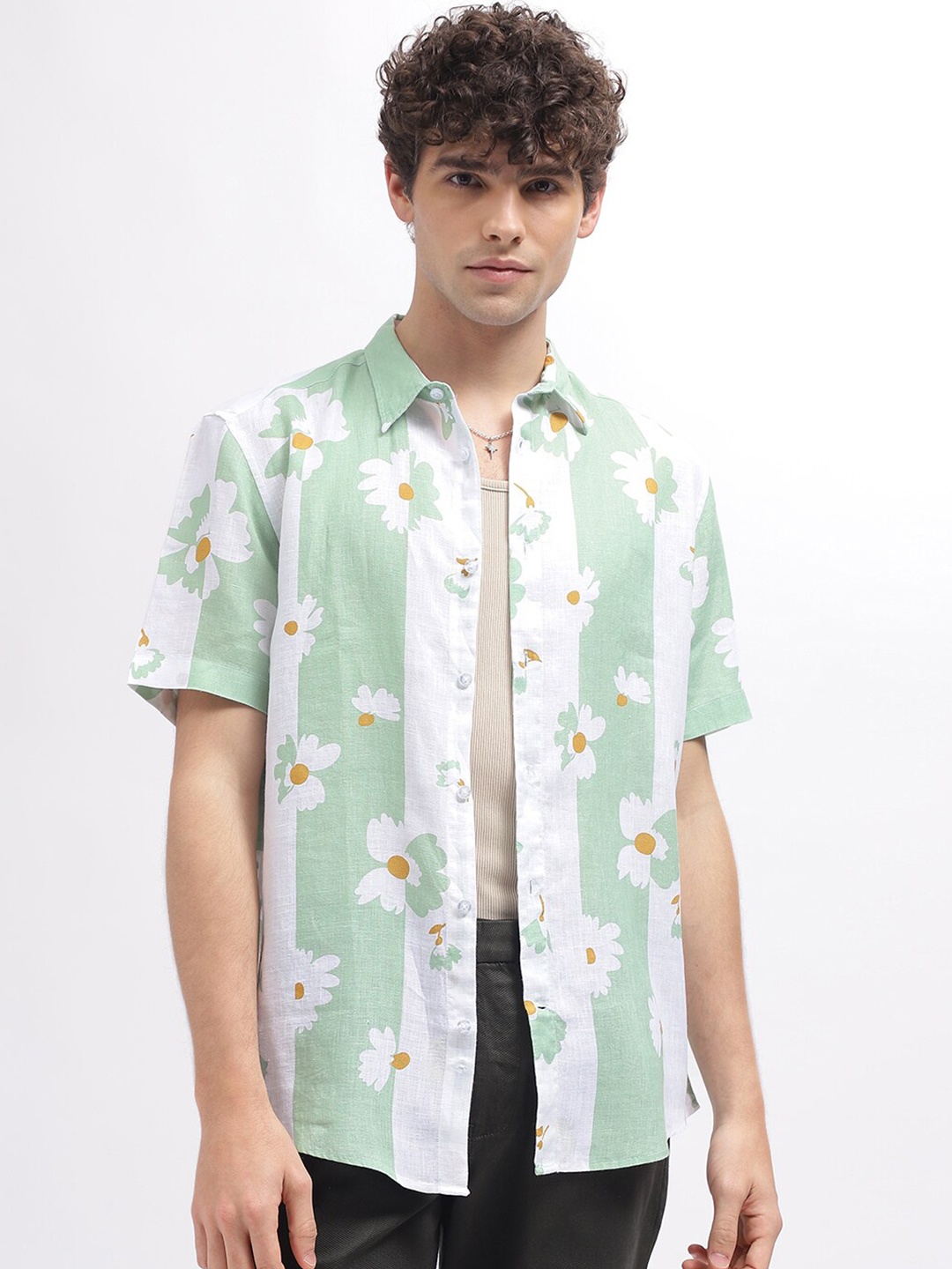 

Iconic Floral Printed Cotton Linen Casual Shirt, White