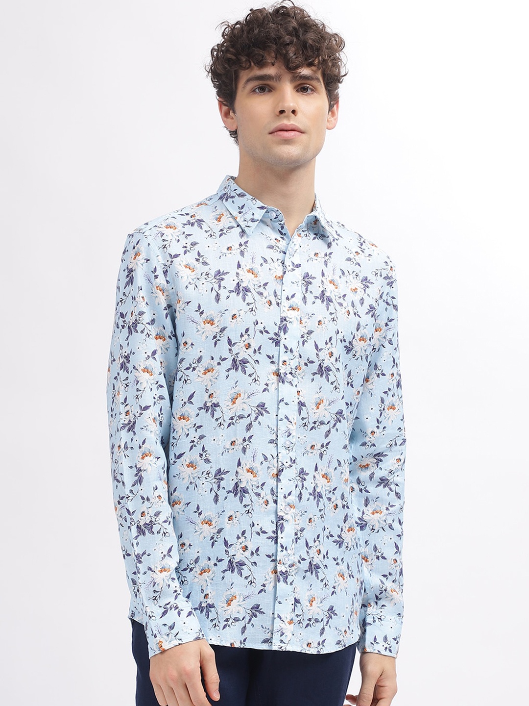 

Iconic Floral Printed Cotton Linen Casual Shirt, Blue