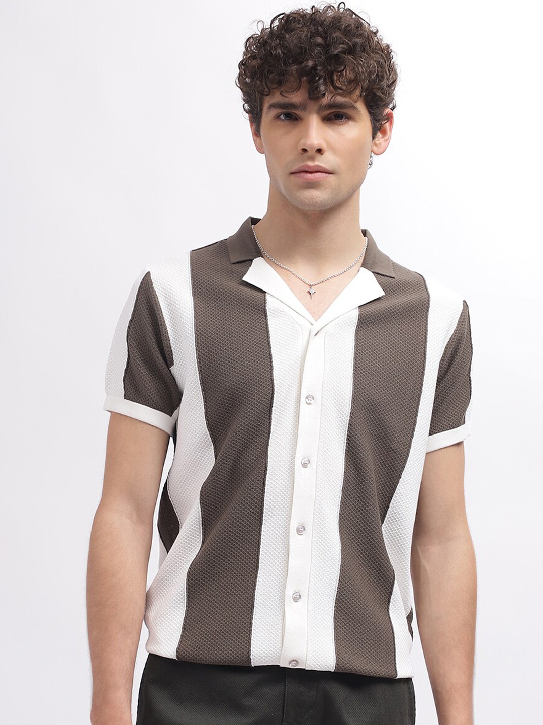

Iconic Striped Cuban Collar Pure Cotton Casual Shirt, White