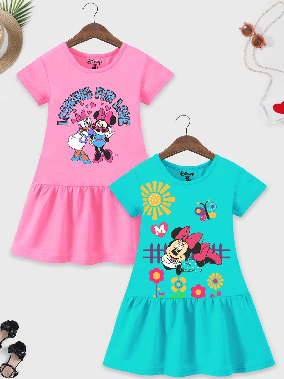 

YK Disney Girls Pack of 2 Minnie Mouse Graphic Printed Cotton A-Line Dresses, Pink