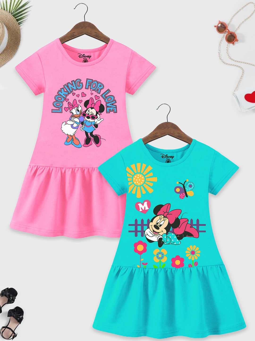 

YK Disney Girls Pack of 2 Minnie Mouse Graphic Printed Cotton A-Line Dresses, Pink