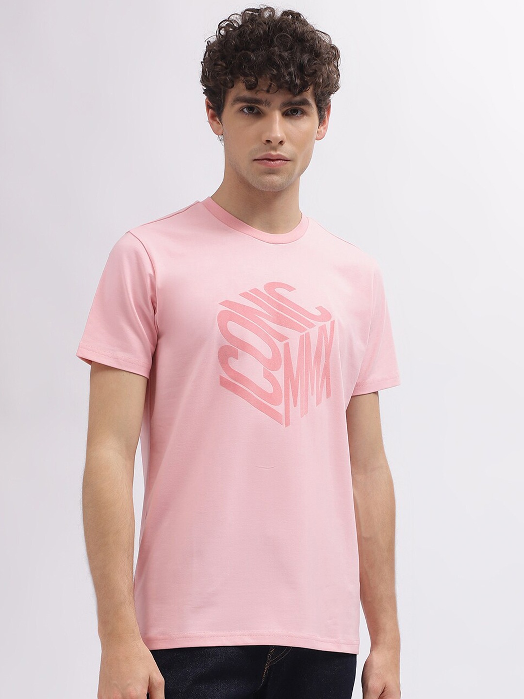 

Iconic Round Neck Typography Printed Cotton Regular Fit T-shirt, Pink