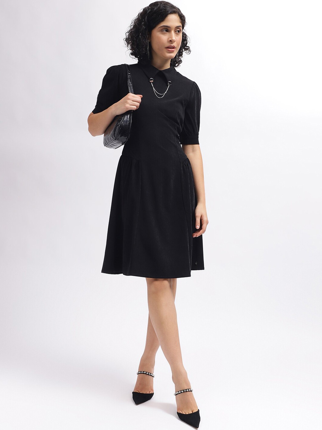 

Iconic Shirt Collar Short Sleeves Fit & Flare Dress, Black