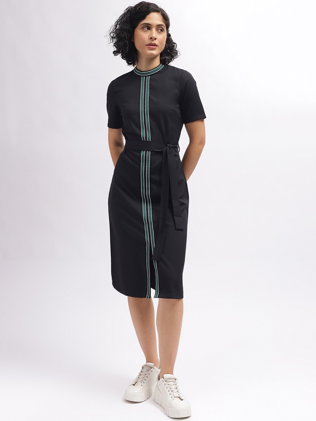 

Iconic Striped High Neck Sheath Dress With Belt, Black