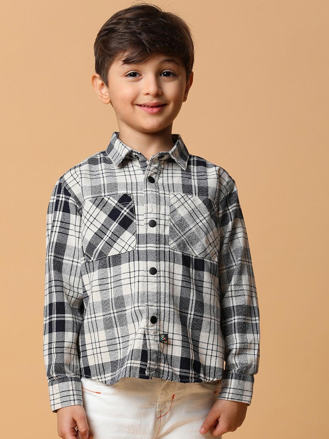 

TALES & STORIES Boys Tartan Checked Cotton Casual Shacket, Off white