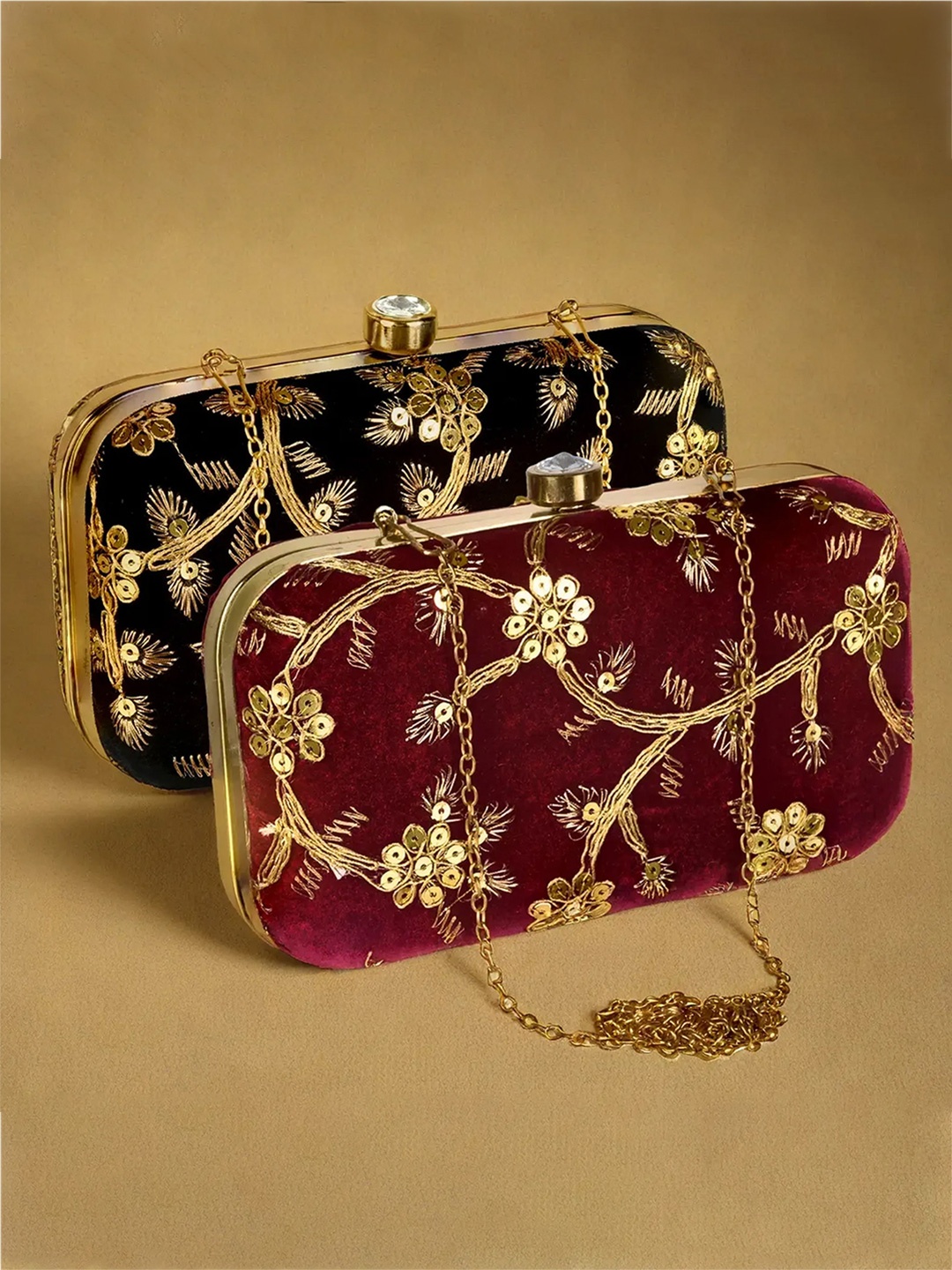 

Kuber Industries Set Of 2 Embroidered Velvet Box Clutches, Black