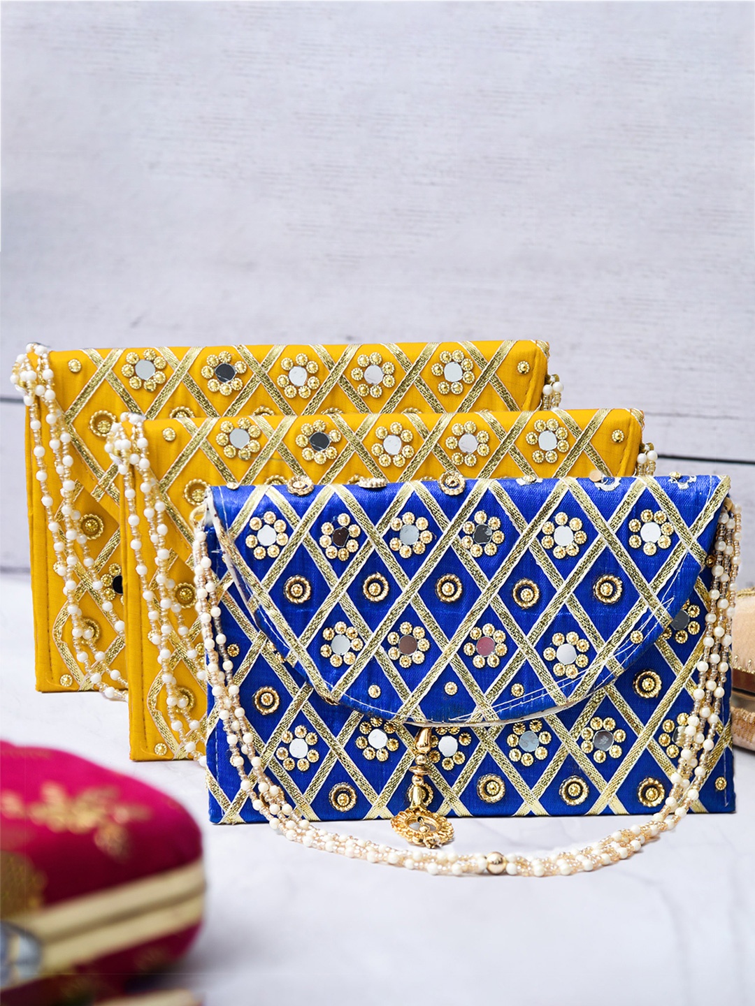 

Kuber Industries Pack Of 3 Embroidered Foldover Clutch, Yellow