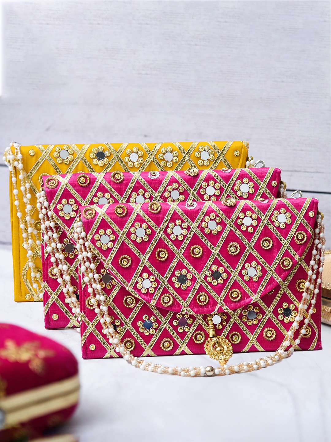 

Kuber Industries Pack of 3 Embroidered Envelope Clutch With Mirror Work, Pink